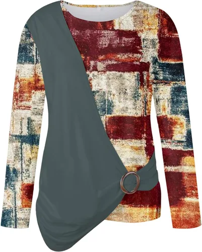 Vista 4 de Camisetas de manga larga con estampado de dos piezas para mujer, con cuello redondo apilado, túnica a la moda