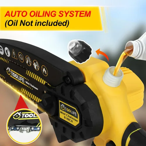 Vista 2 de TOOLIFE Mini motosierra inalámbrica de 6 pulgadas, motosierra con mango con 1 batería y sistema de engrasado automático, motosierra eléctrica