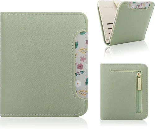 Vista 13 de Billetera pequeña para mujer, con bloqueo RFID, de piel, plegable, para tarjetas de crédito, con ventana de identificación, con cremallera, bolsillo
