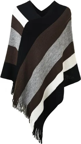 Vista 16 de Ferand Suéter tipo poncho a rayas para mujer, acogedor chal de punto con flecos para otoño e invierno Negro & gris