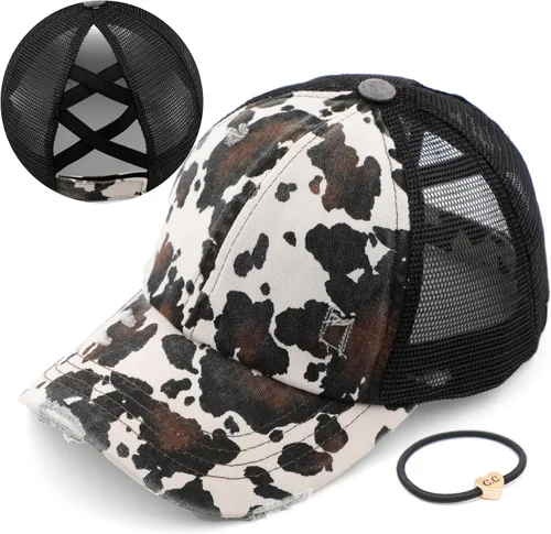 Vista 37 de C.C Gorra de béisbol de malla con diseño de estrella brillante, gorra de camionero ajustable para moño o cola de caballo Una banda elástica-negro