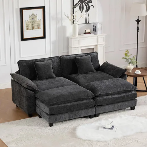 Vista 10 de Sofá seccional modular verde de 111.5", sofás seccionales grandes de 3 plazas para sala de estar, sofá nube oversized de tela chenille con otomana