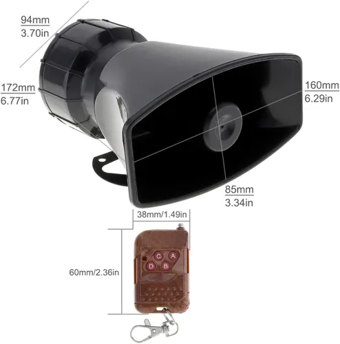 Vista 2 de 7 sonidos ruidosos alarma de advertencia de coche policía fuego sirena cuerno altavoz con control remoto marrón 12V 100W (1PC control remoto)