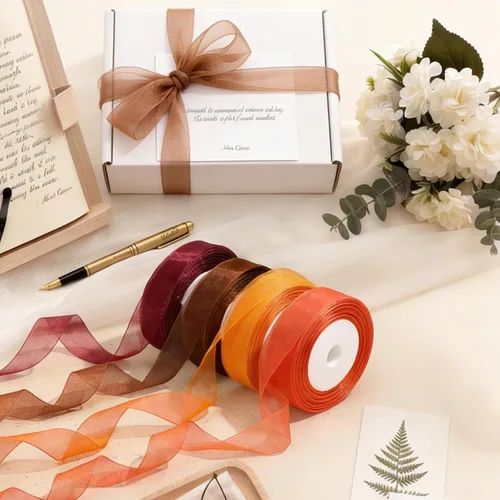 Vista 7 de Cinta de organza transparente, 1 pulgada x 125 yardas, 5 rollos de otoño para envoltura de regalos, ramos, bodas, decoración de fiestas, otoño