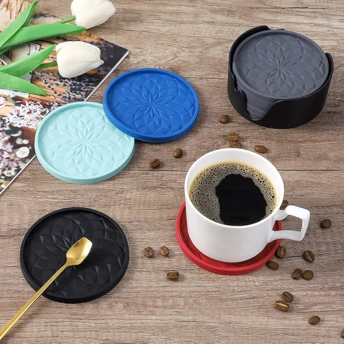 Vista 6 de ME.FAN Posavasos de silicona con soporte, para beber, para bebidas calientes o frías, gruesos, antideslizantes, antiadherentes y estilo bandeja Negro