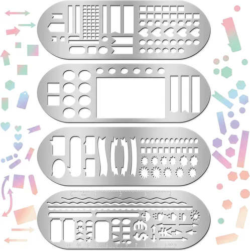 Vista 7 de Chinco 4 Pieces Stencils Metal Journal Template 7.9 x 2.4 Inches Bookmark Ruler School Supplies Stainless Steel Stencils Set for DIY, Engraving