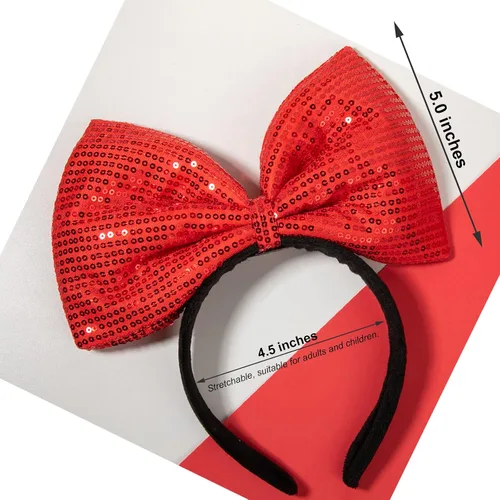 Vista 5 de CHuangQi Diademas de lazo rojo con lentejuelas de doble cara para niñas y mujeres, lindas bandas para el cabello hechas a mano para fiestas o cosplay