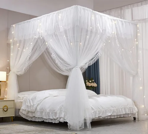 Vista 11 de VETHIN Cortina de Dosel de Cama de Princesa con Volantes de 4 Postes de Esquina - Red de Tul de Doble Capa Acogedora con 4 Aberturas, Mosquitera