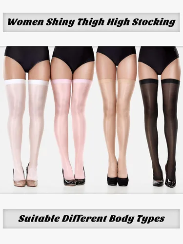 Vista 7 de Geyoga 4 pares de medias altas brillantes para Halloween, cosplay, calcetines de seda brillante, calcetines transparentes sobre la rodilla para mujer