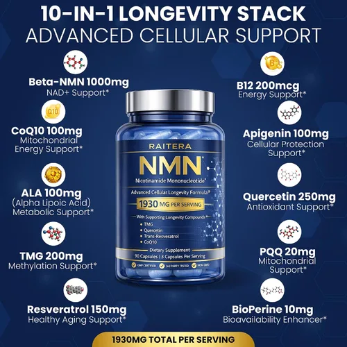 Vista 2 de Suplemento NMN de 1000 mg – 10 en 1 avanzado apoyo NAD+ con quercetina, TMG, resveratrol, ALA, CoQ10 y apigenina – Alternativa NMNH para mujeres