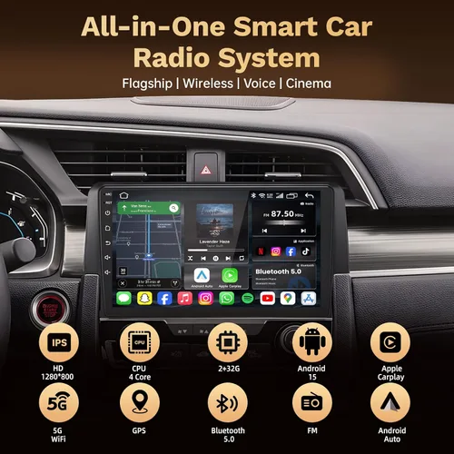 Vista 7 de Radio de coche Android 15 para Honda Civic 2016-2021: 9 pulgadas 1280 * 800 HD pantalla táctil estéreo con Carplay inalámbrico Android Auto 5G WiFi