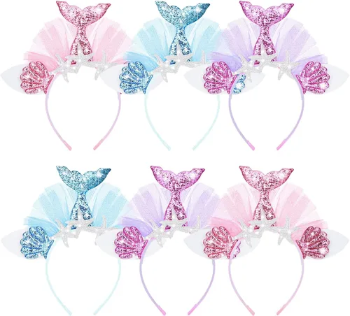 Vista 6 de XunYee 12 diademas para fiesta de sirena, accesorios para el cabello de sirena, accesorios de fiesta de sirena con purpurina, suministros de fiesta
