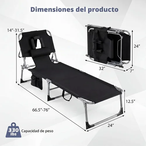 Vista 3 de Tangkula Silla de bronceado con agujero frontal, plegable y ajustable para patio, silla reclinable, para playa, tomar el sol, con bolsillo lateral