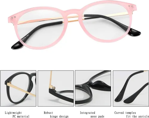 Vista 3 de Kursan Lentes falsos de lente transparente sin receta para mujeres y hombres, lentes redondos retro con marco de metal