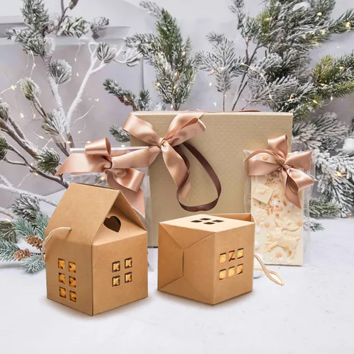 Vista 5 de Cajas de regalo en forma de casa, 10 bolsas de mano para dulces y galletas, papel kraft ecológico, perfecto para fiestas de vacaciones, bodas