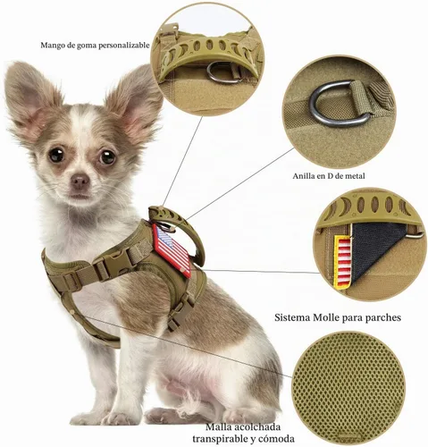 Vista 7 de Chaleco táctico de servicio para perro, K9 ajustable militar de trabajo, resistente al agua, cómodo chaleco para perro MOLLE con asa (XS, caqui)
