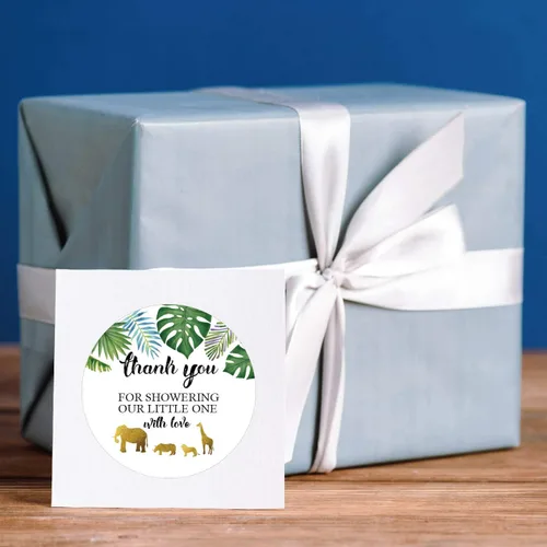 Vista 3 de 50 calcomanías doradas para baby shower, con texto en inglés "Thank You for Showering Our Baby with Love", regalos de baby shower para niño o niña