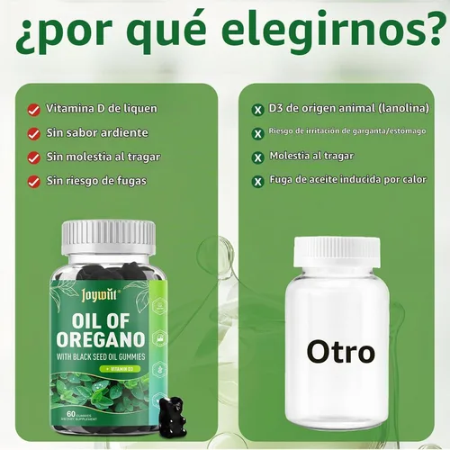 Vista 6 de Aceite de orégano 300 mg Semilla Negra D3 Gummies Apoyo Inmune 60ct
