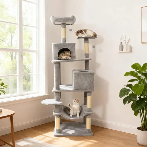 Vista 9 de DORTALA Árbol moderno para gatos de 75 pulgadas de alto, torre para gatos de varios niveles con condominios grandes, postes rascadores de sisal