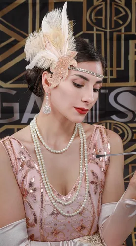 Vista 28 de Cizoe (aa) - Juego de accesorios de estilo Gatsby de la década de 1920, para mujer, diadema de estilo flapper, tocado, collar, guantes