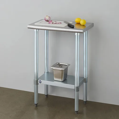 Vista 2 de ROCKPOINT Mesa de acero inoxidable para preparación y trabajo, 14x24 pulgadas; mesa de cocina comercial de metal NSF resistente con estante inferior