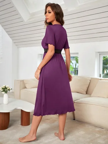Vista 2 de SHENHE Camisón elegante de manga corta con cuello en V y ribete de encaje para mujer