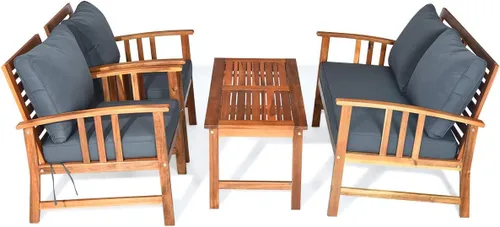 Vista 4 de Tangkula - Juego de muebles de madera de 4 piezas para patio o exteriores, banco, mesa y dos sillas, con cojines