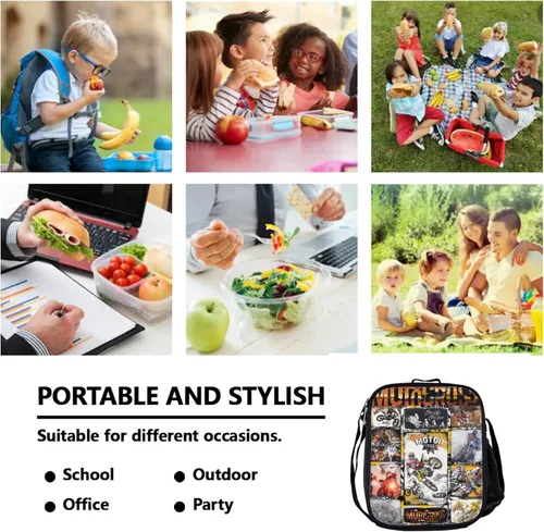 Vista 8 de Mochilas de motocicleta Paquete de 3 piezas para adolescentes, niños y niñas, motocross para niños, incluye bolsas aisladas para almuerzo y estuche