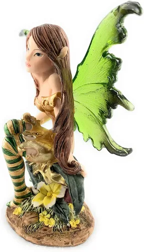 Vista 4 de Ain't It Nice Figura de hadas verde con alas transparentes y calcetines a rayas coloridas, disfrutando de la naturaleza rodeada de flores, escultura