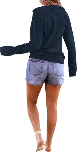 Vista 3 de Floral Find Women's Long Sleeve Lapel Half Zip Up Sweatshirt Solid Stylish Loose Fit Casual Pullover Tops B-Azul marino