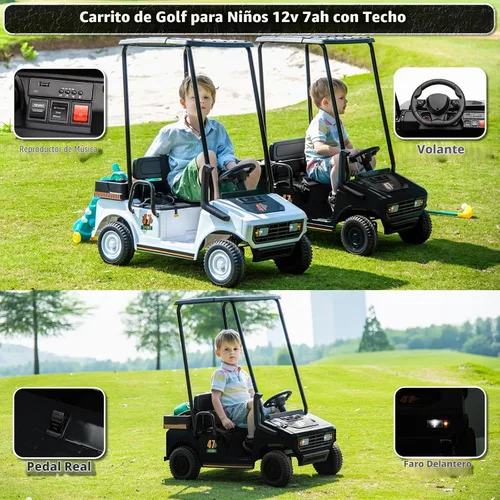 Vista 3 de Carrito de golf de 12 V para niños y niñas de 2 plazas, juguetes eléctricos, color negro