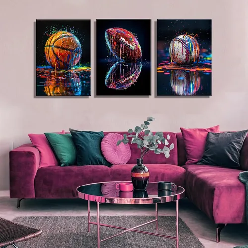 Vista 7 de 3 piezas de arte de pared en lienzo deportivo de graffiti para habitación de niños, rústico, fútbol, béisbol, fútbol americano, rugby, decoración