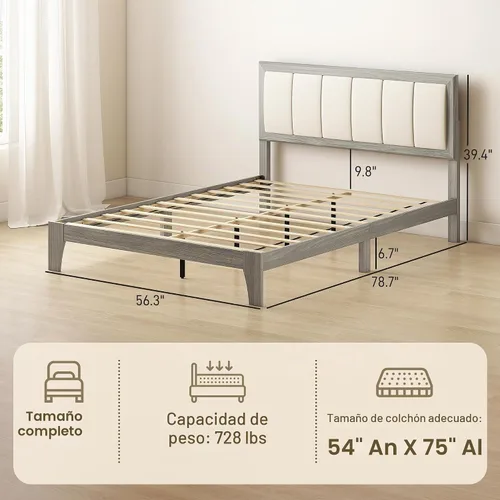 Vista 2 de HOMCOM - Base de cama de tamaño matrimonial, cabecera tapizada, listones de madera, color gris Marco de cama de plataforma, no necesita somier