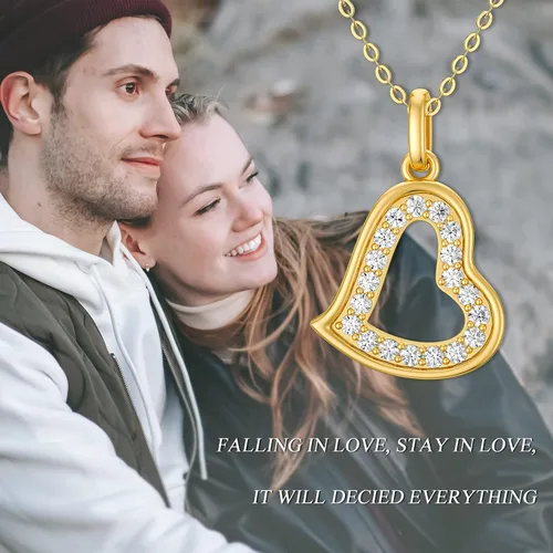 Vista 5 de Collar de corazón de diamantes naturales de oro macizo de 14 quilates para mujer, colgante de corazón de doble amor, regalo de Navidad para ella