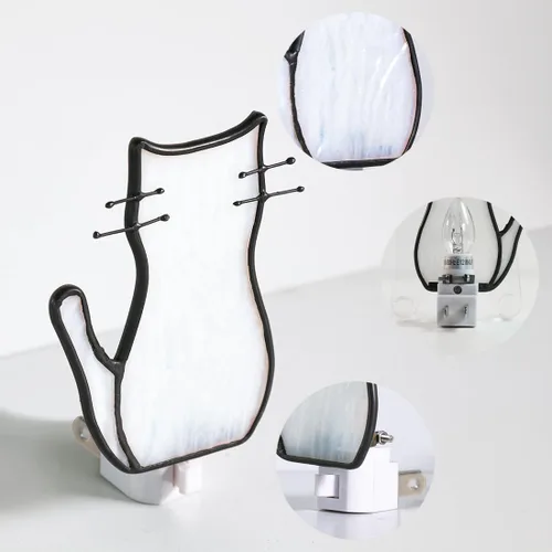 Vista 3 de BOXCASA Luz Nocturna de Gato Blanco, Lámpara de Vidrio Emplomado, Luz Nocturna Enchufable Amarilla Cálida para Sala de Estar, Dormitorio, Pasillo