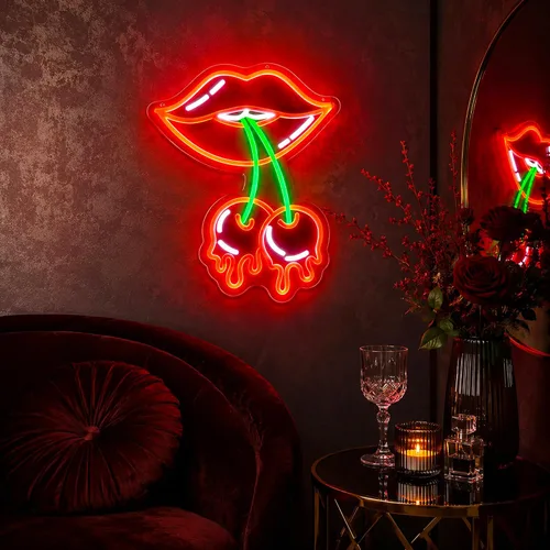 Vista 7 de Letrero de Neón de Labios de Cereza, Letreros de Neón para Decoración de Pared Letreros LED Rojos de Neón para Habitación Letreros de Neón Luminosos