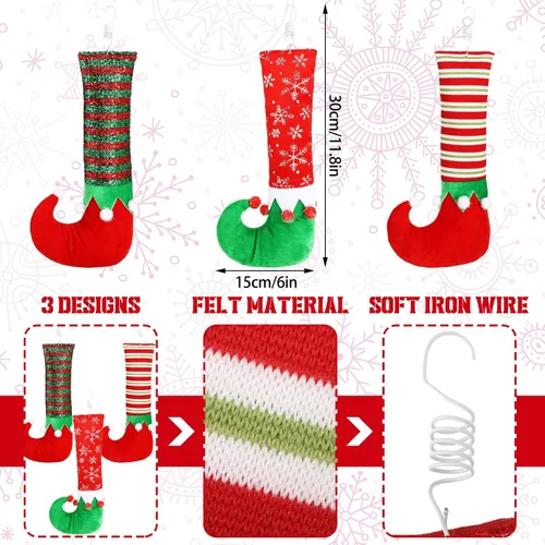Vista 2 de 6 patas de elfo de Navidad, púa de botas, rayas con purpurina, patas rellenas de elfo con alambre fijo, decoraciones colgantes para árbol