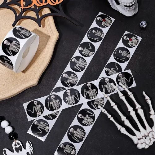 Vista 4 de Whaline 1000 calcomanías de Halloween, rollo autoadhesivo de esqueleto de Halloween, calcomanías de calavera de Halloween, calcomanías adhesivas