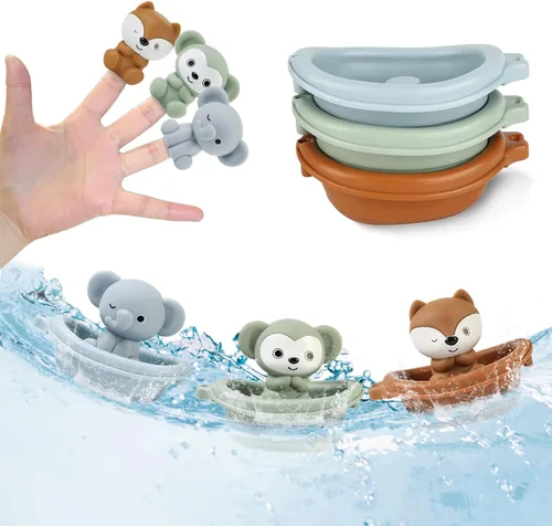 Vista 7 de Juguete de baño para bebé, apilable, juguetes de bañera para bebés, flotante, tren de barco con marionetas de dedo de animales, juguete de baño