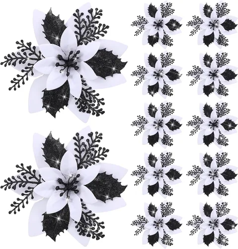 Vista 10 de Canlierr 12 piezas flores de Pascua de Navidad de 5.7 pulgadas con purpurina, flores artificiales con clips, adorno de árbol de Navidad para corona