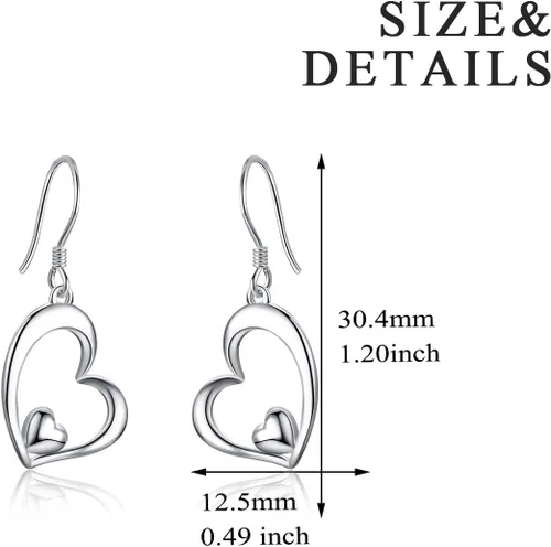Vista 3 de WINNICACA Aretes colgantes de plata de ley con forma de corazón, joyería de corazón, regalos de cumpleaños para mujeres
