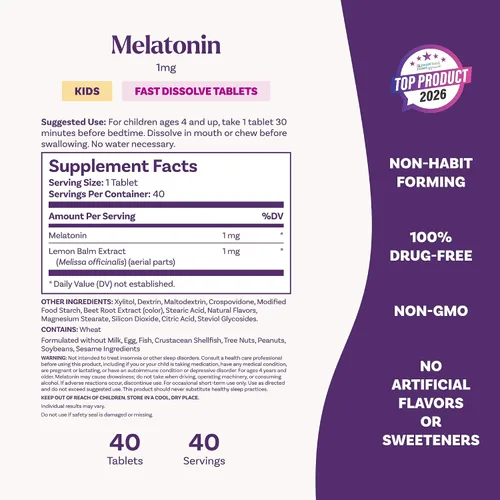 Vista 6 de Natrol Melatonina de disolución rápida de 1 mg para niños, suplemento dietético para un sueño reparador, tabletas de sueño para niños, 40 tabletas