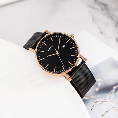 Vista 3 de BUREI - Reloj de pulsera analógico para hombre con fecha, extensible de malla de acero inoxidable