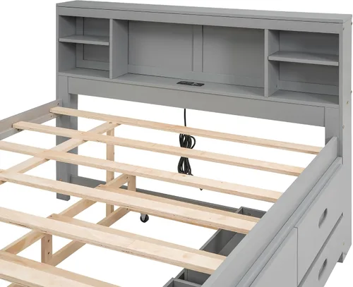 Vista 8 de VilroCaz Moderna cama de plataforma de tamaño matrimonial con cabecera de almacenamiento, base de cama de plataforma de madera maciza con nido