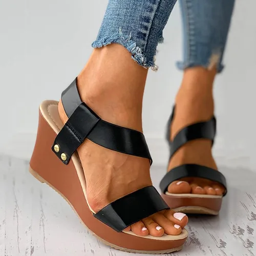 Vista 2 de HOSTINGG Sandalias de cuña para mujer, alpargatas de cuña para mujer, sandalias de plataforma con hebilla de tobillo y puntera abierta