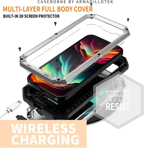 Vista 2 de FW - Funda de metal compatible con iPhone 15 Pro con cubierta deslizante para cámara deslizante, protector de pantalla integrado, funda híbrida
