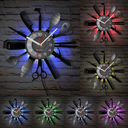 Vista 2 de Reloj de pared con herramientas de peluquería de 12 pulgadas con 7 colores cambiantes, reloj de pared para peluquería y negocios, reloj de pared