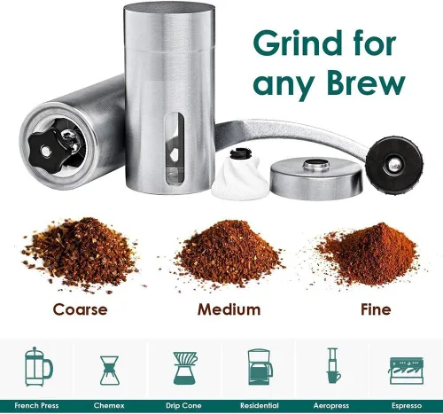 Vista 6 de Molinillo de café manual, molinillo de café portátil de mano con ajuste ajustable, molinillo de rebabas de cerámica cónica de acero inoxidable