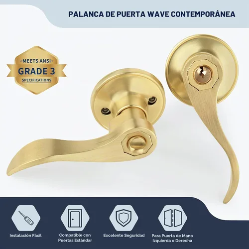Vista 9 de Manijas de Puerta Estilo Onda Doradas con Cerradura y Llave (Llaves Diferentes), Manija de Puerta de Entrada Dorada Cepillada con Llave, Palanca