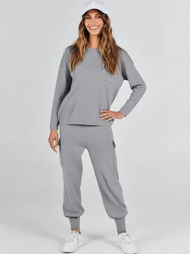 Vista 9 de Caracilia Conjunto de dos piezas para mujer, suéter de punto de manga larga y pantalones deportivos tipo cargo